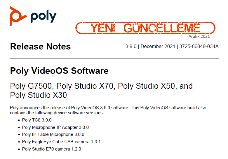 Poly Studio X ve G7500 3.9.0 Güncellemesi Yayınlandı